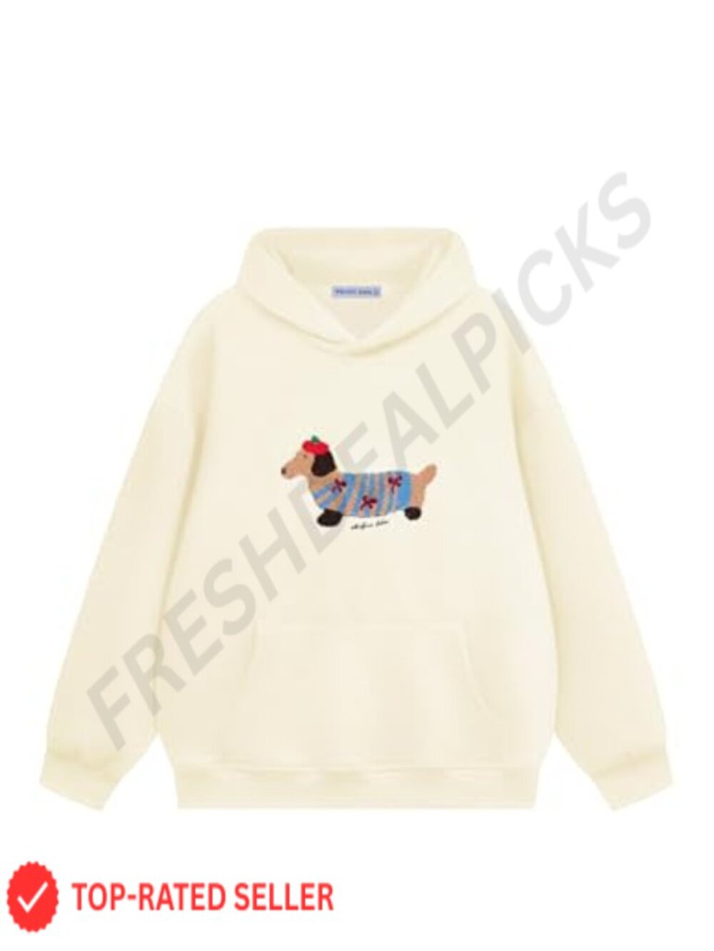 Oversized Cotton Blend Hoodie Dog Embroidery Pullover Long Sleeve Sweatshirt